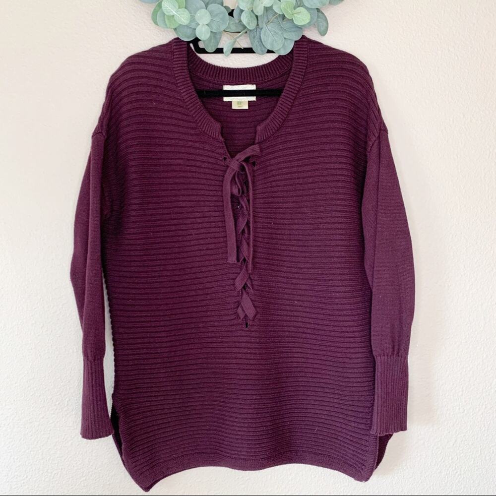 Ruby Moon Maroon Lace up Ribbed Pullover Side Slits Womens Sweater Medium